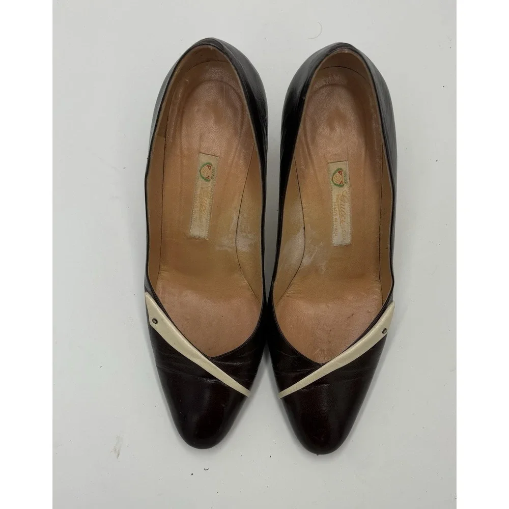 Gucci‎ Women's Vintage Leather Pump Heels Brown White Size 35 US 5